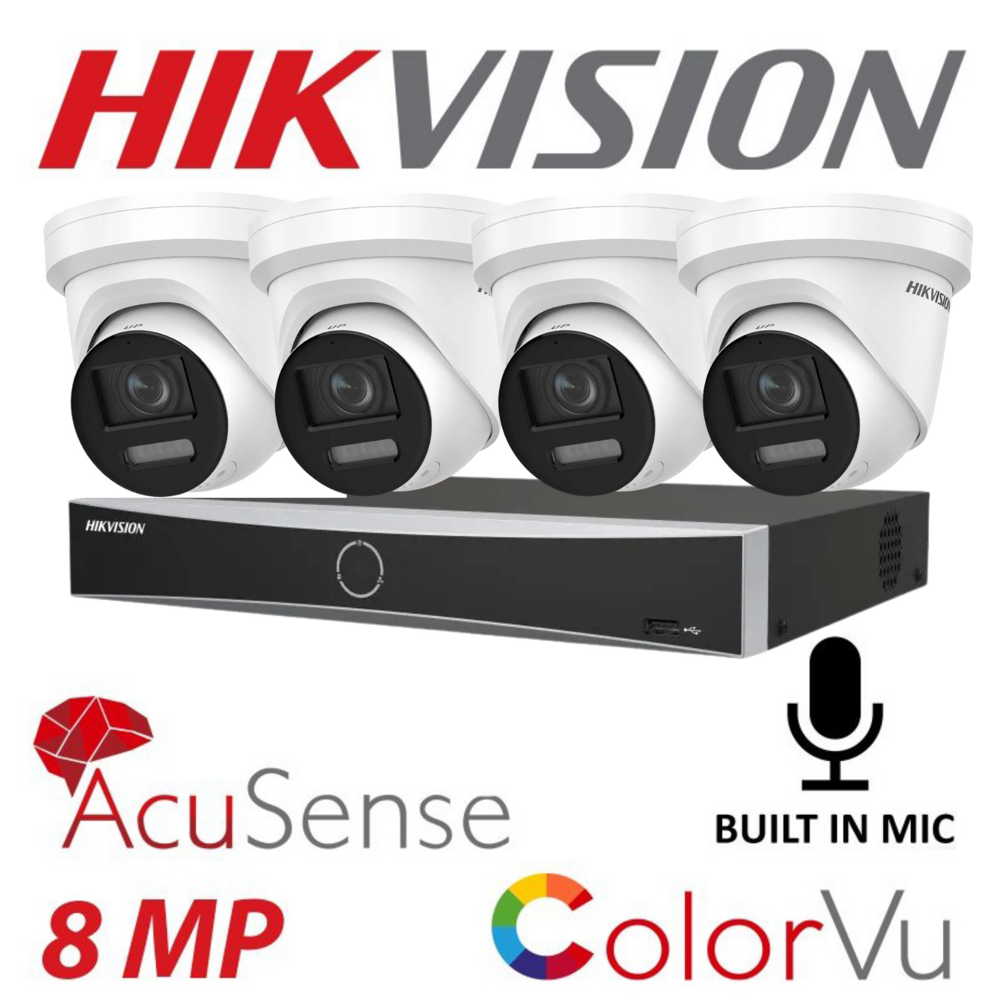 Hikvision CCTV kit, 4 x 8mp Smart Hybrid Colorvu Acusense IP POE and Audio cameras, 1 x 4 Channel POE NVR