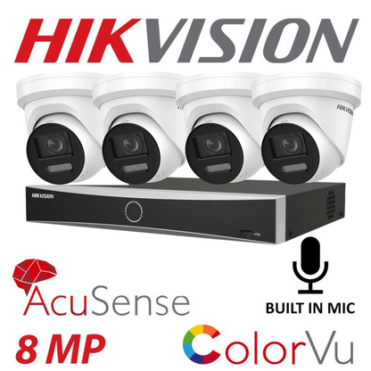 Hikvision CCTV kit, 4 x 8mp Smart Hybrid Colorvu Acusense IP POE and Audio cameras, 1 x 4 Channel POE NVR