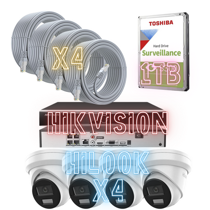 4MP Hikvision and HiLook Smart Hybrid CCTV Kit - POE IP Cameras with Built-In Audio and AcuSense
