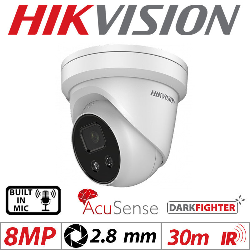 8MP Hikvision Darkfighter AcuSense Fixed Turret IP Network Camera with Built-in Mic 2.8mm White DS-2CD2386G2-IU