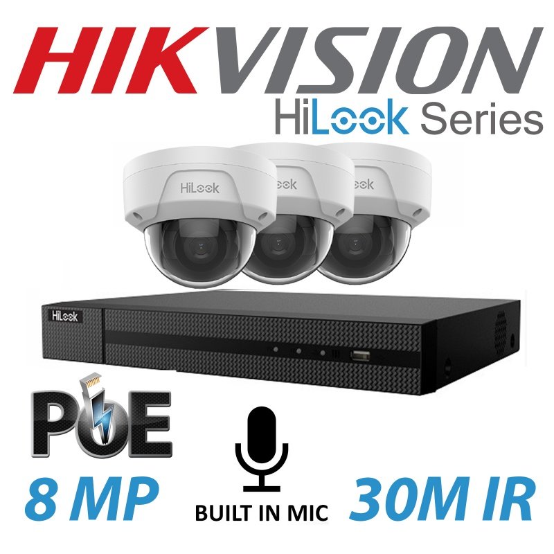 8mp 4ch Hikvision Hilook IP PoE Built In Mic CCTV System NVR 3x Camera Kit
