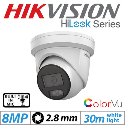 8MP Hikvision Hilook ColorVu IP PoE Turret Camera with Built-in Mic 2.8mm IPC-T289H-MU