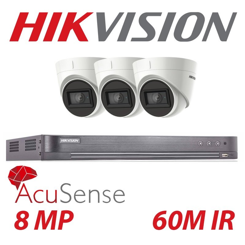 8MP Hikvision Dome Camera Kit with 3x 60m EXIR 4K Cameras and Turbo Acusense DVR