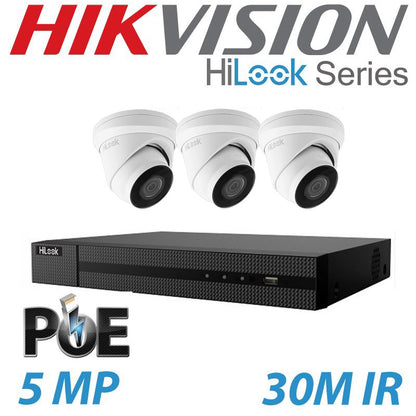 5mp 4ch Hikvision Hilook IP Poe CCTV System NVR 3x Camera Kit - Built in Microphones